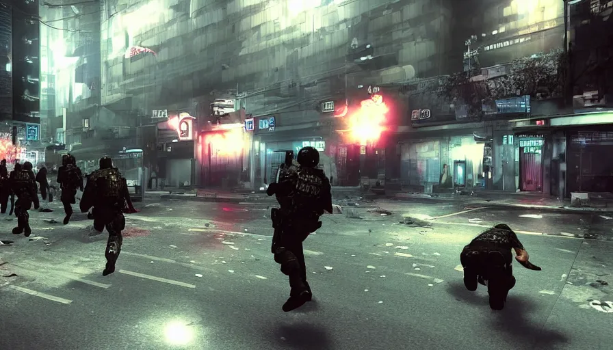 Image similar to 2020 Video Game Screenshot, Anime Neo-tokyo Cyborg bank robbers vs police, Set inside of the Bank, Open Vault, Multiplayer set-piece Ambush, Tactical Squads :9, Police officers under heavy fire, Police Calling for back up, Bullet Holes and Realistic Blood Splatter, :6 Gas Grenades, Riot Shields, Large Caliber Sniper Fire, Chaos, Metal Gear Solid Anime Cyberpunk, Akira Anime Cyberpunk, Anime Bullet VFX, Anime Machine Gun Fire, Violent Action, Sakuga Gunplay, Shootout, :14 Inspired by Escape From Tarkov :6 Inspired by the film Akira :19 , Inspired by Intruder :17 by Katsuhiro Otomo: 19, 🕹️ 😎 🔫 🤖 🚬