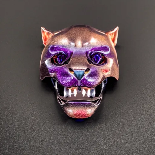 Prompt: panther with rose gold teeth and raw gems inlaid head, 3 / 4 pose, anatomical description, technically exposed, matte black, rose gold, amethyst, high coloration, ambient lightning, highly detailed, 8 k