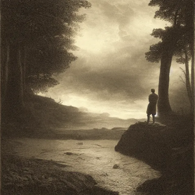 Prompt: an engraving of man in shorts standing in a shallow river by gustave dore, caspar david friedrich, foggy, depth, strong shadows, stormclouds, illuminated focal point, highly detailed