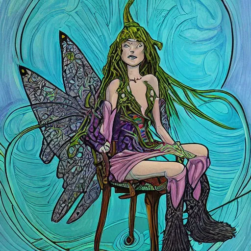 Image similar to acrylic painting, art in the style of Terry Moore, Moebius and Mohrbacher, a portrait of an elder fairy asleep on a chair, her wand and accessories beside her.