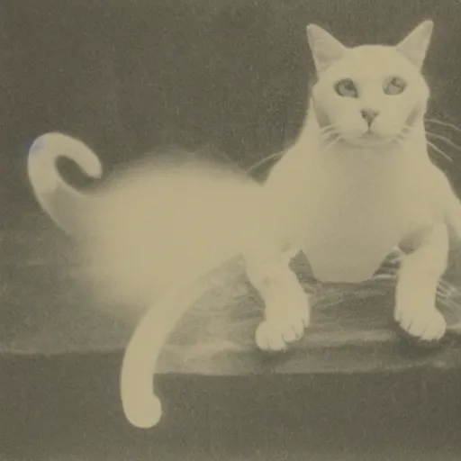 Image similar to lithograph of a cat emitting ectoplasm, haunted cat, ghostly presence, vintage photography