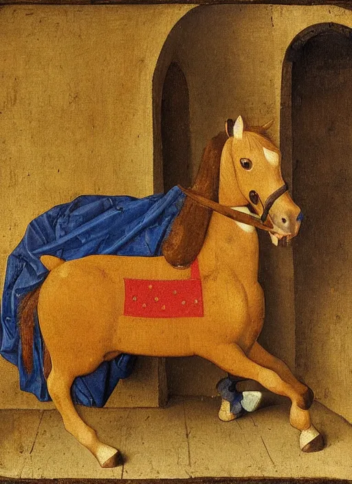 Image similar to wooden toy of a horse, medieval painting by jan van eyck, johannes vermeer, florence