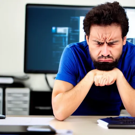 Prompt: man sits at computer desk angry and frustated waiting impatiently