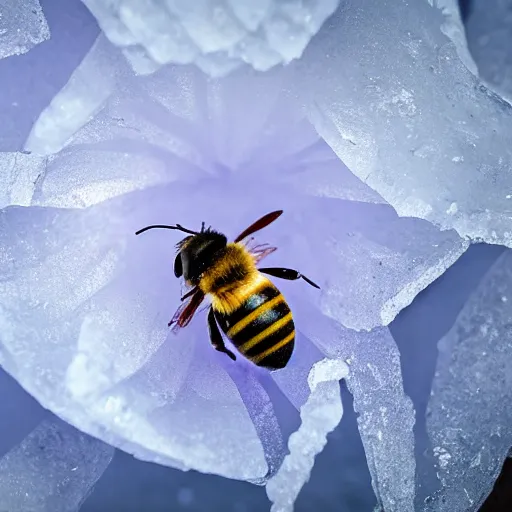 Image similar to a bee finding a flower made of ice in antarctica, only snow i the background, beautiful macro photography, ambient light