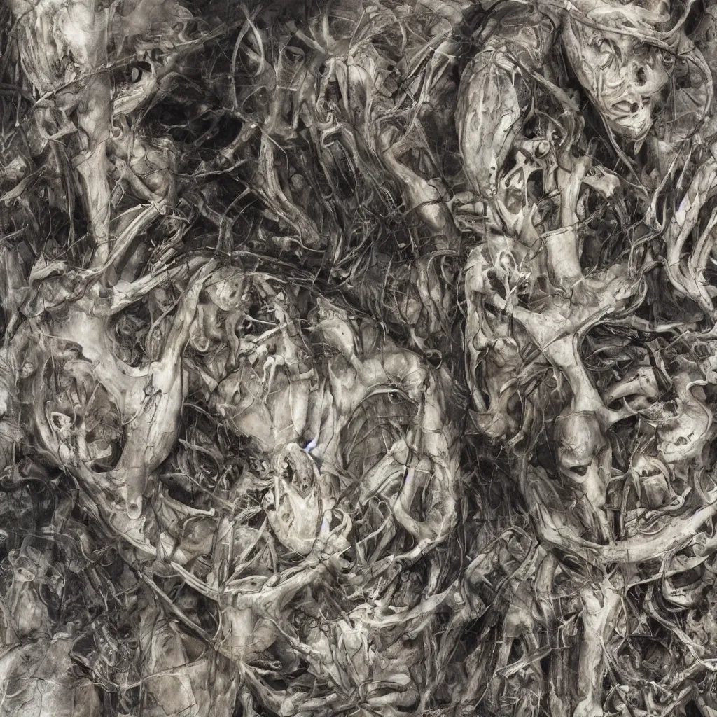 Image similar to realistic shot bloody bones, organs and flesh, biomechanical technology, natural light, by h r giger