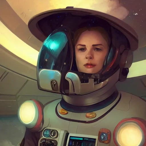 Prompt: A female spaceship pilot in a cockpit, retro sci-fi, digital painting, detailed, artstation, Krenz Cushart, Greg Rutkowski, Alphonse Mucha, Artgerm