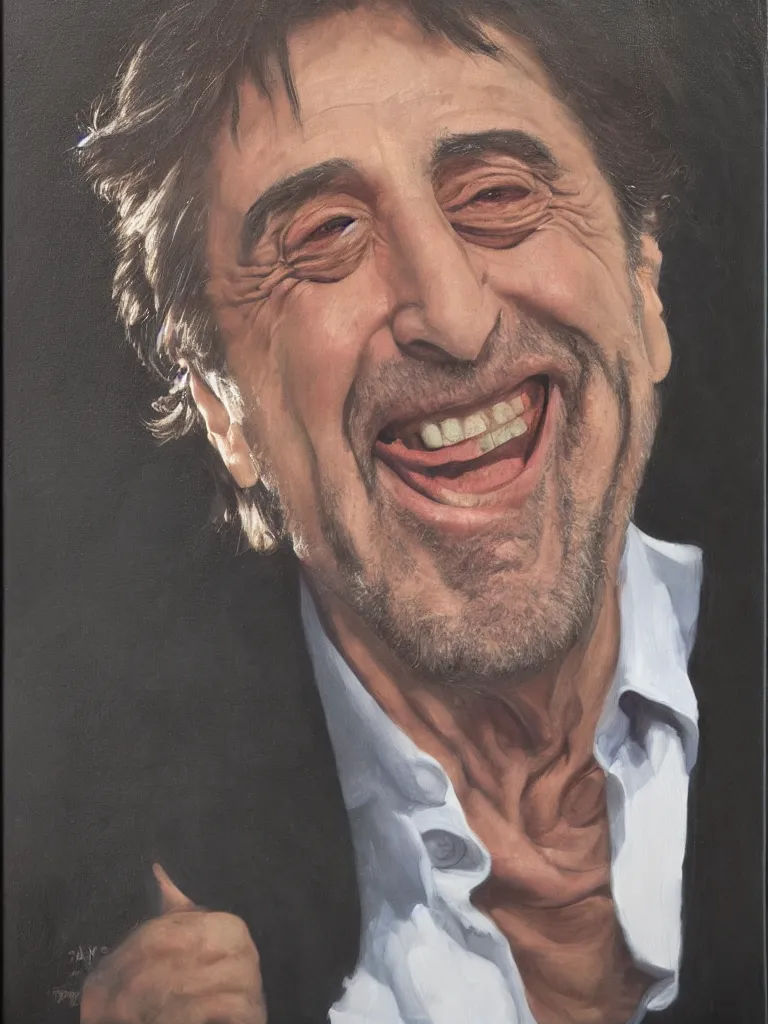 Image similar to portrait of al Pacino laughing by Ben aronso, oil on canvas