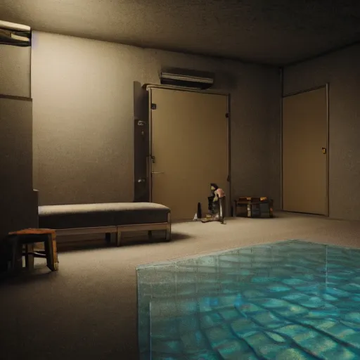 Prompt: 3 d octane render of a liminal space, liminal spaces, backrooms, pool rooms, chibi ryan gosling in the backrooms, octane render, 8 k, 4 k