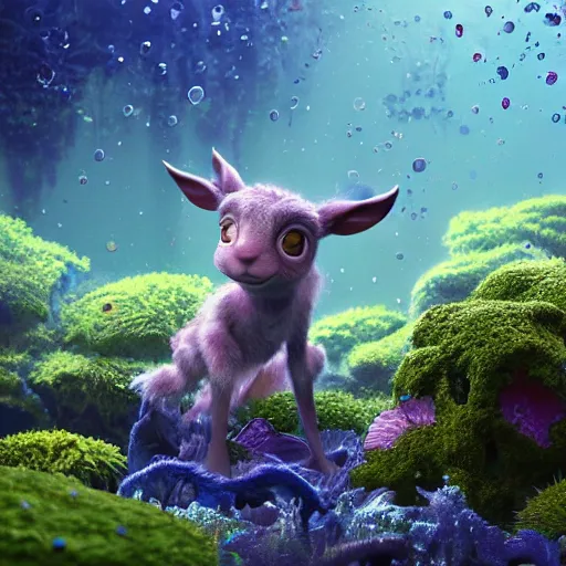 Image similar to child satyr, moss, floating, rbc, radiolaria, protophyta, micro - organisms, center frame, symmetric, rim light, marine microbiology, underwater, bioluminescence, electric, soft, concept art, intricate details, highly detailed, colorful, photorealistic, disney pixar, octane render, iridescent, anime, 8 k