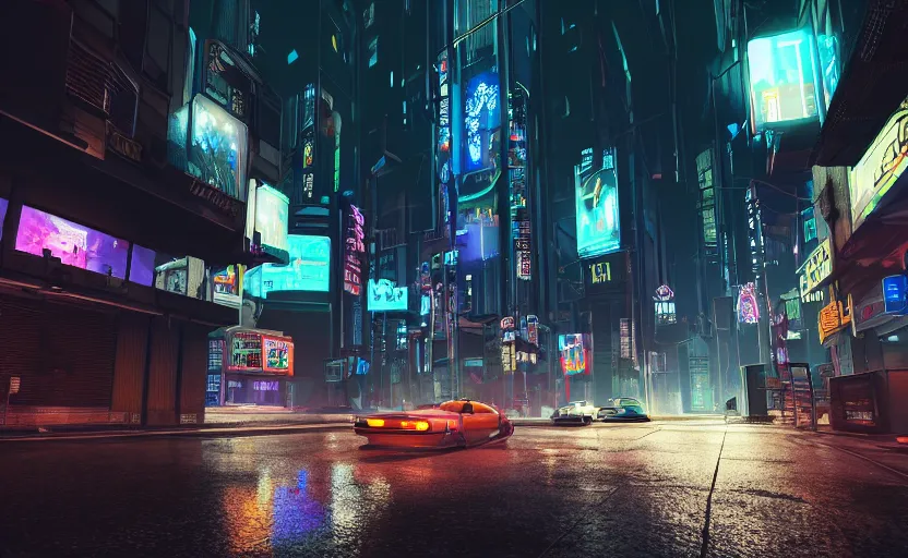 Prompt: photorealistic Cyberpunk city street with flying cars on the roads dark, wet, night light fixtures. 8K. detailed. photorealism. artstation. 25mm f/1.7 ASPH Lens. ultra realistic