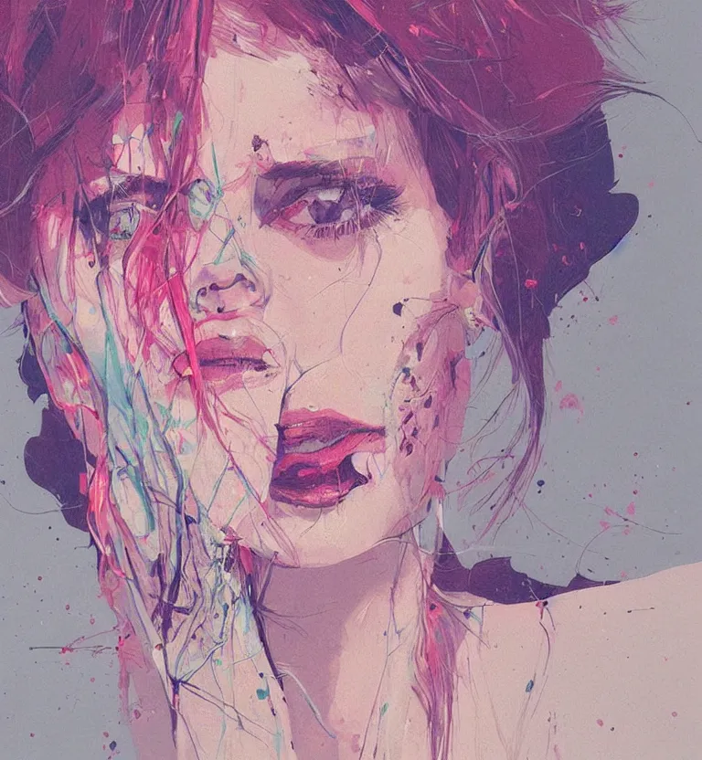 Image similar to close up portrait painting of a female dressed in nineties street styling, concept art, intricate details, highly detailed, aesthetically pleasing pastel colors, art by conrad roset