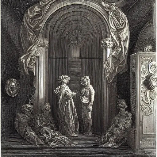 Image similar to HAL 9000, rococo style, by Gustave Doré