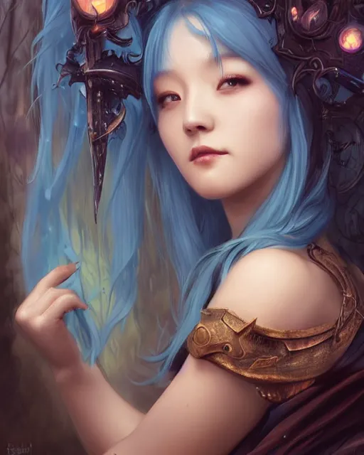 Image similar to stunningly beautiful female blue hair, cute korean actress, dj sura, fantasy art, fae priestess, lush dark forest landscape, fireflys at night, sharp focus, digital painting, 8 k, concept art, art by wlop, artgerm, greg rutkowski and alphonse mucha