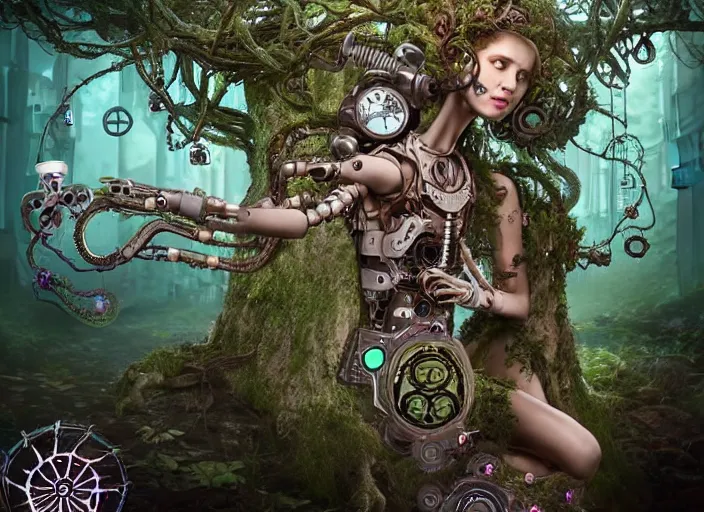 Prompt: intricate mechanical fairy with visible gears having tea with a cyborg gorgon medusa in a magical forest. Very detailed 8k. Fantasy cyberpunk horror. Sharp. Cinematic post-processing