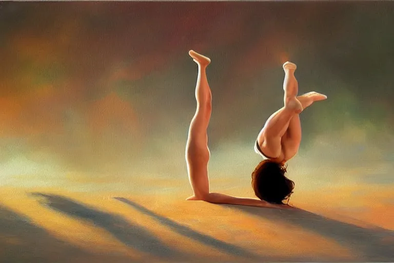 Image similar to gymnast girl, fantasy, painting, ultra realistic!!!, clear weather, golden hour, sharp focus