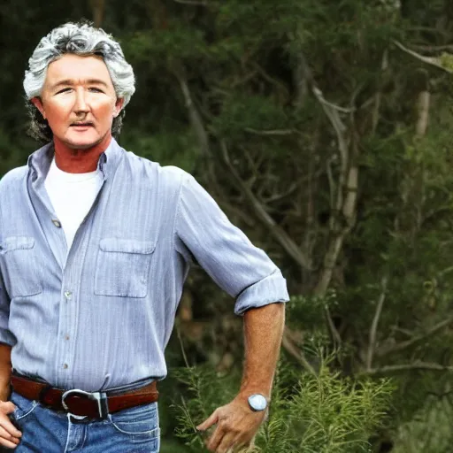 Image similar to patrick duffy as a hippy, he has grown long hippy grey hair, wearing a white shirt