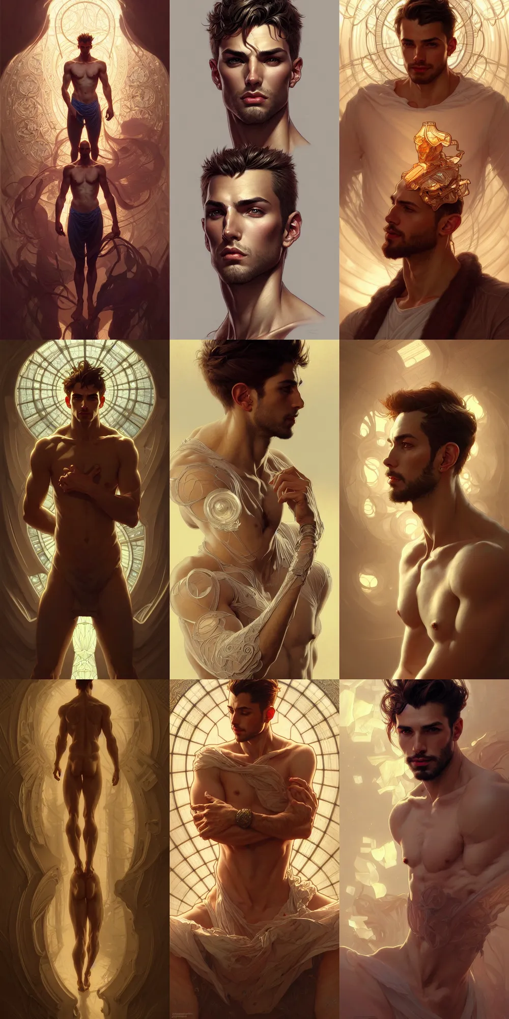 Prompt: clear portrait of a lonely attractive men, hyper detailed, character concept, full body, dynamic pose, glowing lights!! intricate, elegant, highly detailed, digital painting, artstation, concept art, smooth, sharp focus, illustration, art by artgerm and greg rutkowski and alphonse mucha