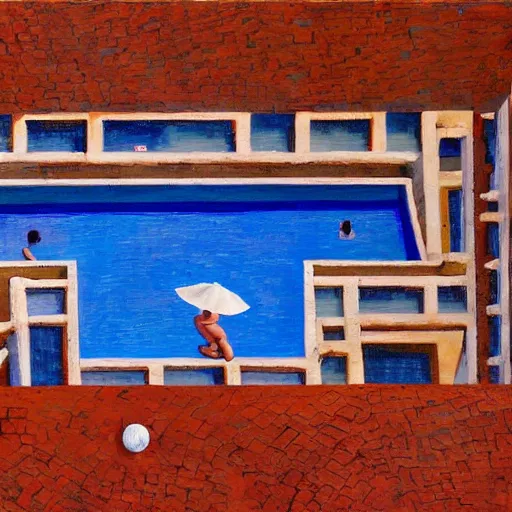 Prompt: full moon over a pool in a courtyard in the desert, people lounging, painting in the style of Max Ernst, incredible, 4k