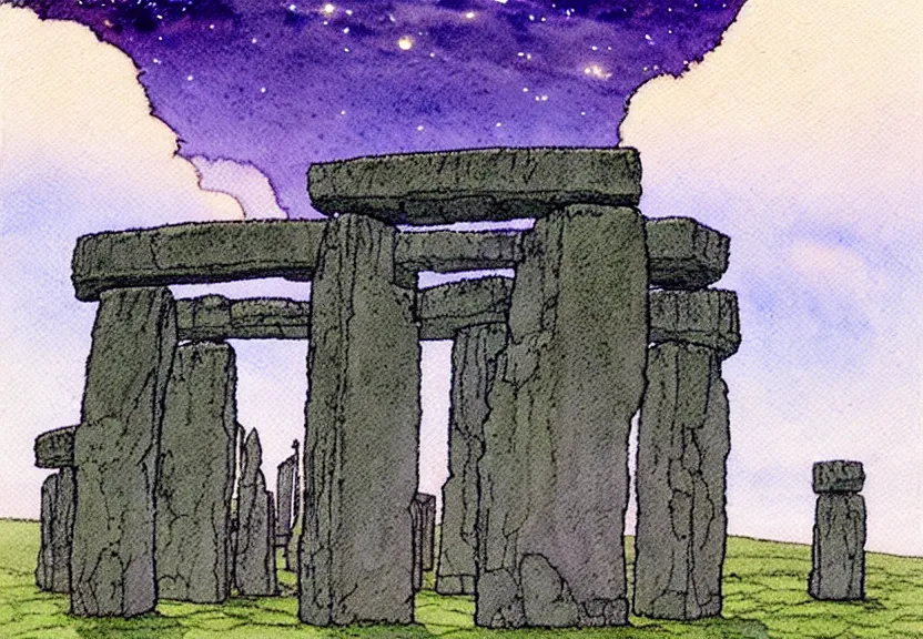 Image similar to a simple watercolor fantasy concept art of a giant dark grey cube floating in the air above stonehenge at night. by studio ghibli, rebecca guay, michael kaluta, charles vess