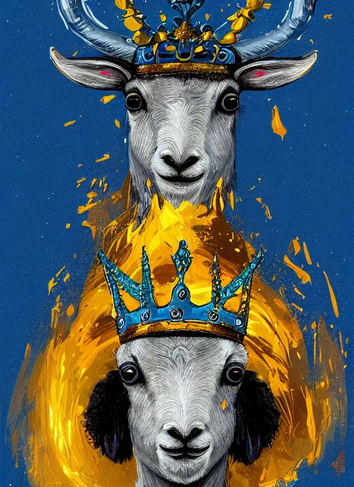 Image similar to a painting of a lamb's face with blue and yellow smoke coming out of, wearing an ornate crown, a digital painting by petros afshar, behance contest winner, digital art, behance hd, digital illustration, digital painting