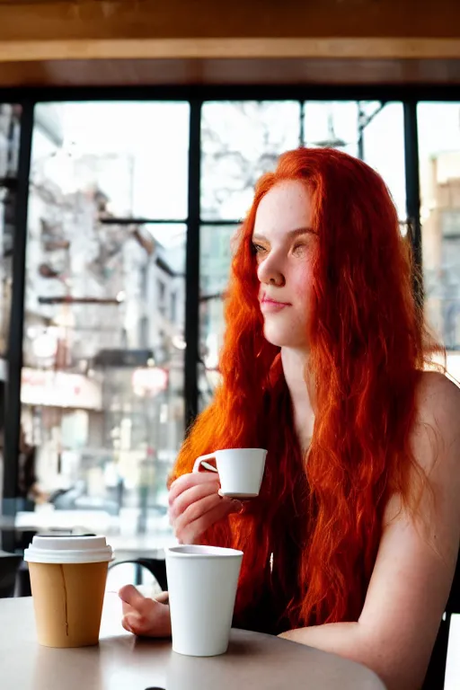 Prompt: a cinematic headshot portrait of a young woman with messy vibrant red hair, sitting at starbucks with a tea and a muffin, starbucks indoor, ultra realistic, depth, beautiful lighting