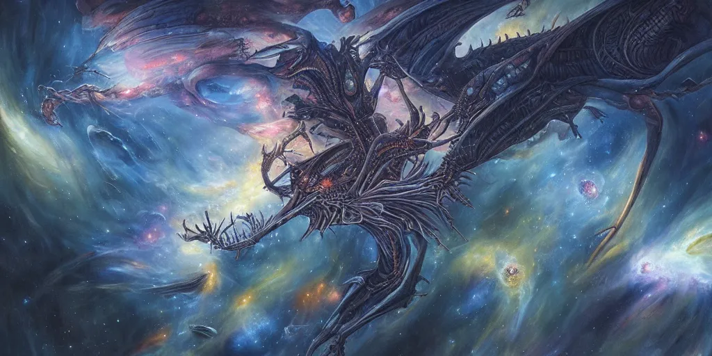 Image similar to an alien dragon flying through outer space, epic nebula, dan seagrave art