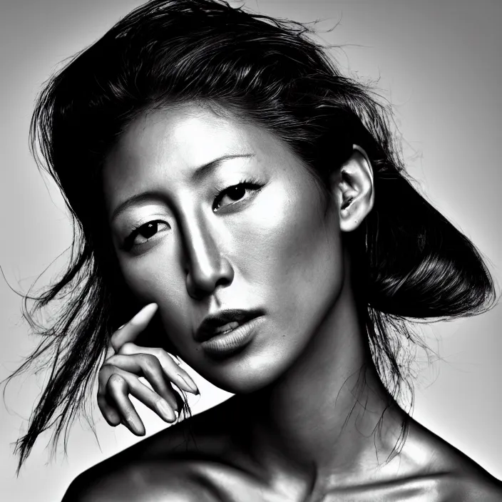 Prompt: photography face portrait on a tropical background of a beautiful woman like dichen lachman, black and white photography portrait, skin grain detail, high fashion, 8 k, ultra sharp focus, studio lighting film noir style photography, by richard avedon, and paolo roversi and nick knight, and hellmut newton,