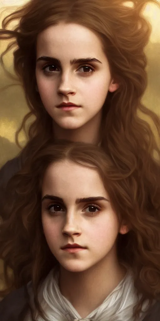 Prompt: photo photorealistic portrait photograph of Emma Watson as Hermione Granger. william adolphe bouguereau. During golden hour. soft light Extremely detailed. detailed photograph Beautiful. 4K. Award winning.