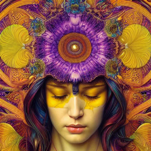 Prompt: hyper detailed masterpiece, orchid pattern, jean giraud, vibrant, digital art painting, matte painting, beautiful, yellow headpiece, psychedelic, artgerm, donato giancola, tom bagshaw