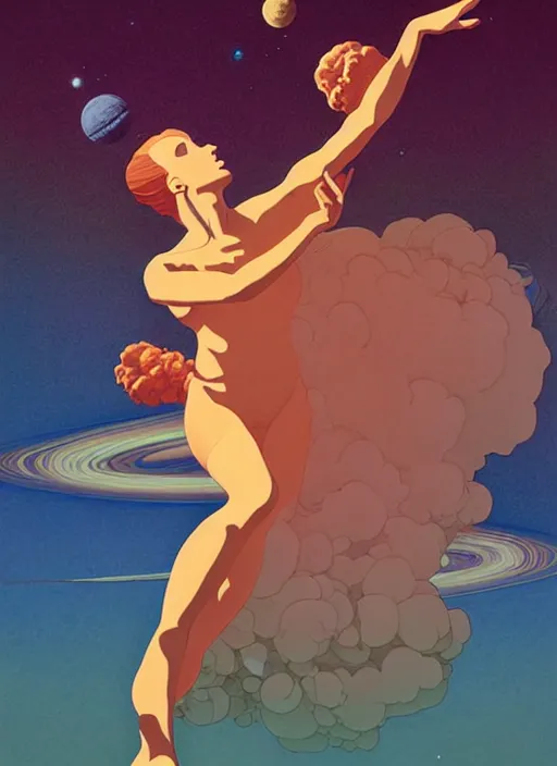 Image similar to poster artwork by michael whelan and tomer hanuka, a portrait of beautiful sensual dancing in the clouds of jupiter, clean