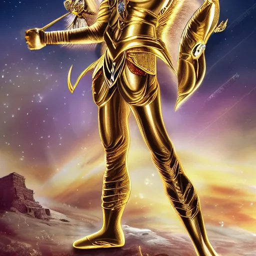 Prompt: A radiant, extreme long shot, photo of a 27-year-old Caucasian male wearing the Capricorn Gold Armor, Beautiful gold Saint, Jaw-Dropping Beauty, gracious, aesthetically pleasing, dramatic eyes, intense stare, immense cosmic aura, from Knights of the Zodiac Saint Seiya, inside the Old Temple of Athena Greece,4k high resolution, Detailed photo, Photoshopped, Award Winning Photo, Deep depth of field, f/22, 35mm, make all elements sharp, at golden hour, Light Academia aesthetic, Socialist realism, by Annie Leibovitz