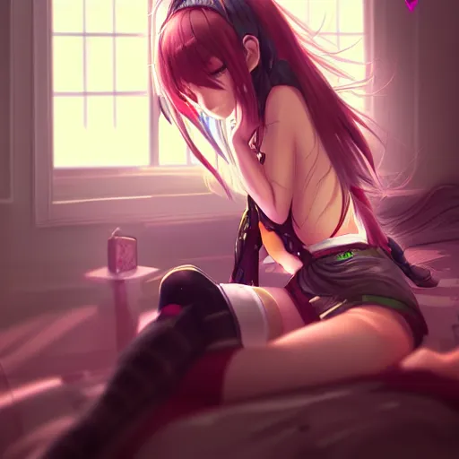 Prompt: digital anime art!!, gamer girl bedroom sleeping desk, wlop, rossdraws, artgerm, ross tran