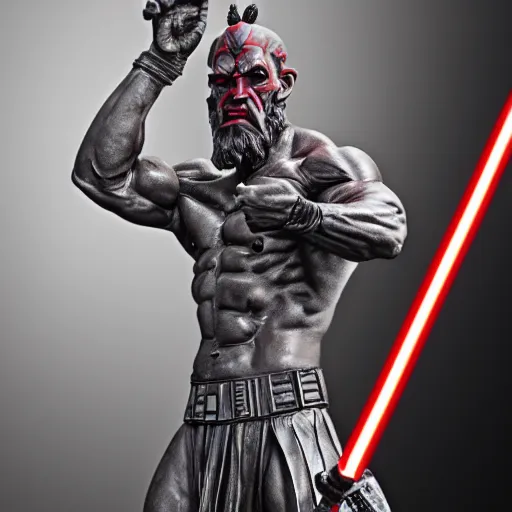 Prompt: photo of a highly detailled marble statue of darth maul, muscular man, star wars, old greek, sculpture, highly detailled