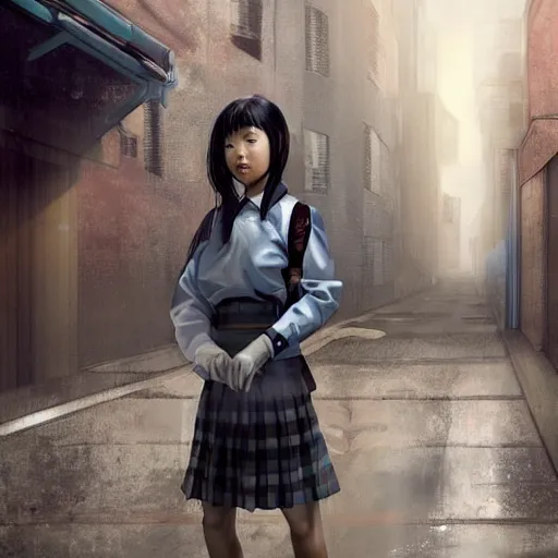 Image similar to a perfect, realistic professional digital oil painting of a Japanese schoolgirl posing in a dystopian alleyway, style of Marvel, full length, by a professional American senior artist on ArtStation, a high-quality hollywood-style concept