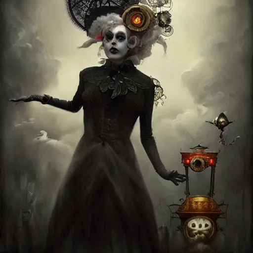 Image similar to By Tom Bagshaw, ultra realist soft painting of a curiosities carnival by night, Female steampunk Clown in full gothic dress, horror, omnious sky, symmetry accurate features, very intricate details, black and white, volumetric light clouds