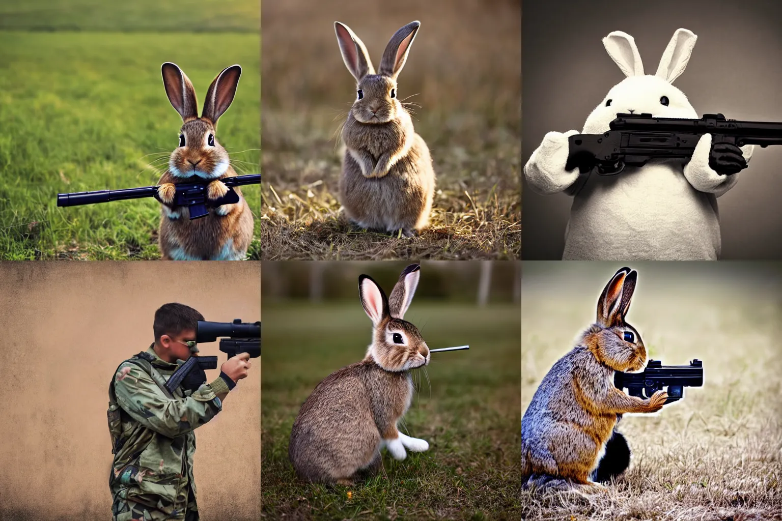 Prompt: a bunny holding a gun war photography