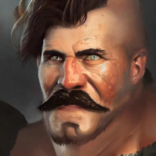 Image similar to portrait old barbarian warrior with trucker mustache and short hair, 8 k, trending on art station, by tooth wu and greg rutkowski