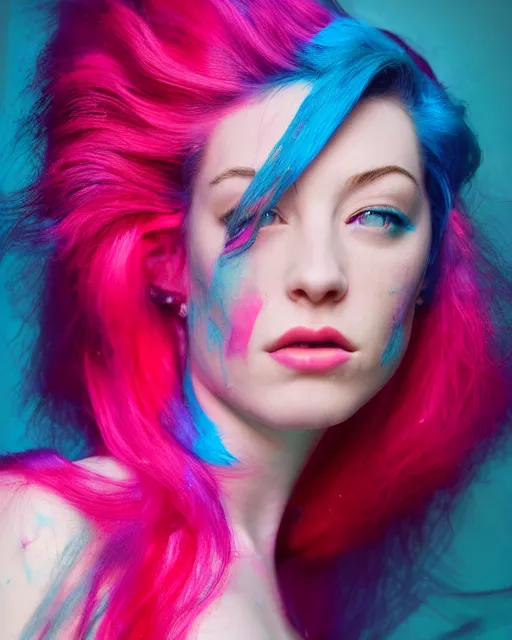Image similar to a dramatic lighting photo of a beautiful young woman stoya with cotton candy hair. paint splashes. with a little bit of cyan and pink