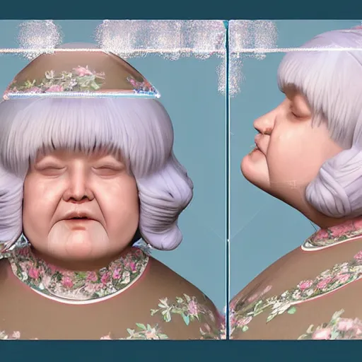 Image similar to of a very funny scene. ambient occlusion render. a sweet fat old woman is in kissing her huge belly. flowery dress. mirror. symmetrical face, red mouth, blue eyes. deep focus, lovely scene. ambient occlusion render. concept art. unreal engine.