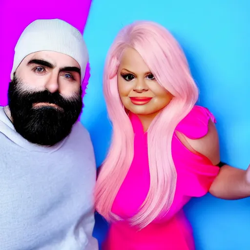 Image similar to a closeup of keemstar and trisha paytas in a podcast show, half blue and half pink background, high quality production