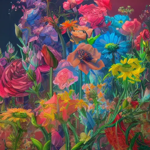 Image similar to a messy group of flowers, flowers with very long petals, summer sunlight, hard light and long shadows, neon glowing, vivid, detailed painting, by James Jean and Ross Tran, masterpiece, award winning painting