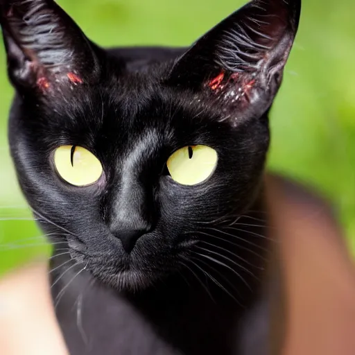 Image similar to a female black cat with red eyes and a crescent moon - shaped bald spot in her forehead