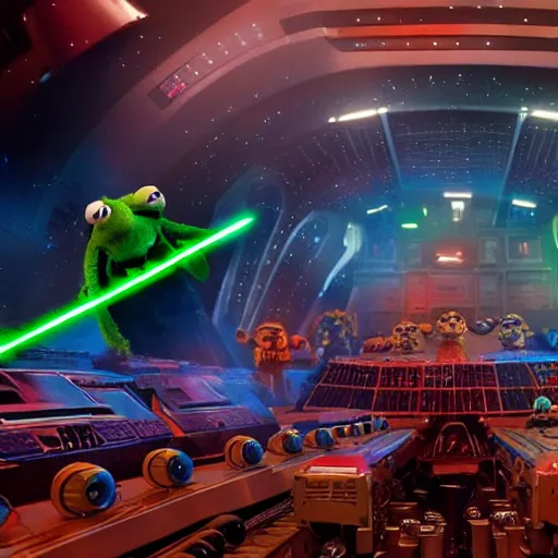 Prompt: muppets in a star wars movie scene, laser , explosions, movie stage setup, 8k