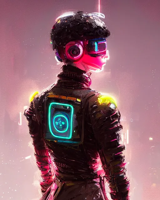 Image similar to detailed portrait Neon guard woman with very short brown hair seen from the back, cyberpunk futuristic, reflective puffer jacket, black leggings, decorated with traditional ornaments by Ismail inceoglu dragan bibin hans thoma, Perfect face, fine details, realistic shaded, fine-face, pretty face