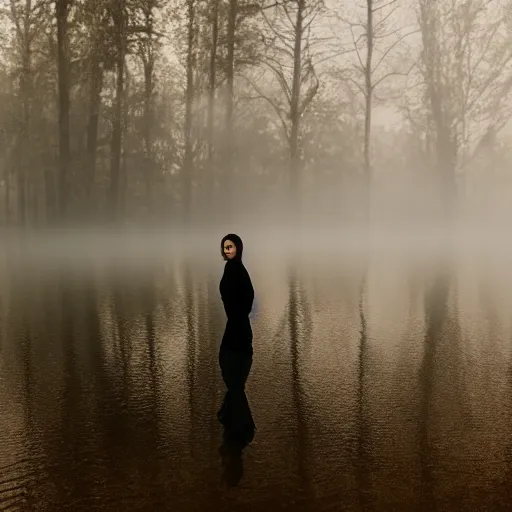 Image similar to a woman, standing in shallow endless water, foggy, backlit, backlit, photo by Marat Safin, Canon EOS R3, f/1.4, ISO 200, 1/160s, 8K, RAW, unedited, symmetrical balance, in-frame