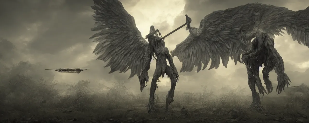 Image similar to cinematography picture of monster with angel wings, no eyes, long jaw, holding a spear, 8k, unreal engine 5, ps5, hyperrealistic, artstation, highly detailed