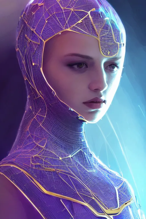 Image similar to detailed portrait cyber noun, attractive feminine curves, intricated, scifi, futuristic, elegant cape, year 2 1 0 0, elegant, alien room background, white, blue, pink, gold, photorealism, trending on artstation, so - s 1 4 8 ft light, holy machine, advanced technology, art by vitaly bulgarov and chanthara