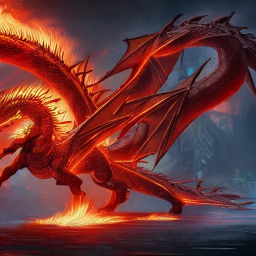 Prompt: a majestic fire dragon, hd, 4k, trending on artstation, award winning, 8k, 4k, 4k, 4k, very very very detailed, high quality cyberpunk art