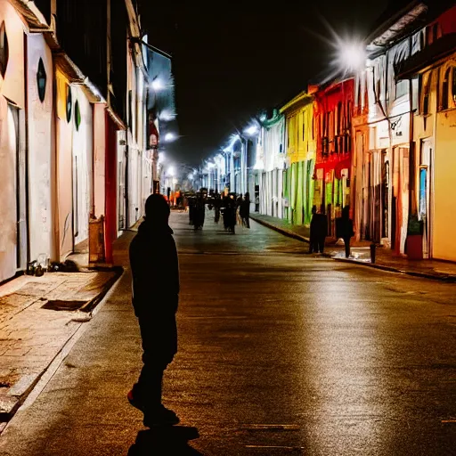 Image similar to guy with white hoodie and skateboard stands looking doen in an emoty street at night. cars parked. long street. very noisy. noise. noise effect.