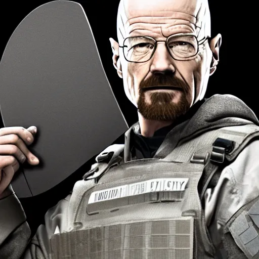 Image similar to Photo of Walter White wearing heavy modern military gear and holding a bulletproof shield, highly detailed, 8k